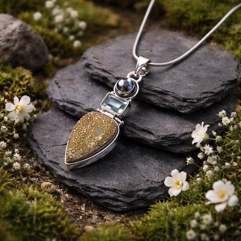Labradorite & Gold Druzy Pendant Necklace - Picture 5 of 11